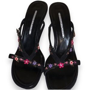 Auth Donald J. Pliner Black Floral Appliqué heel  strappy mule Sandal 7 8